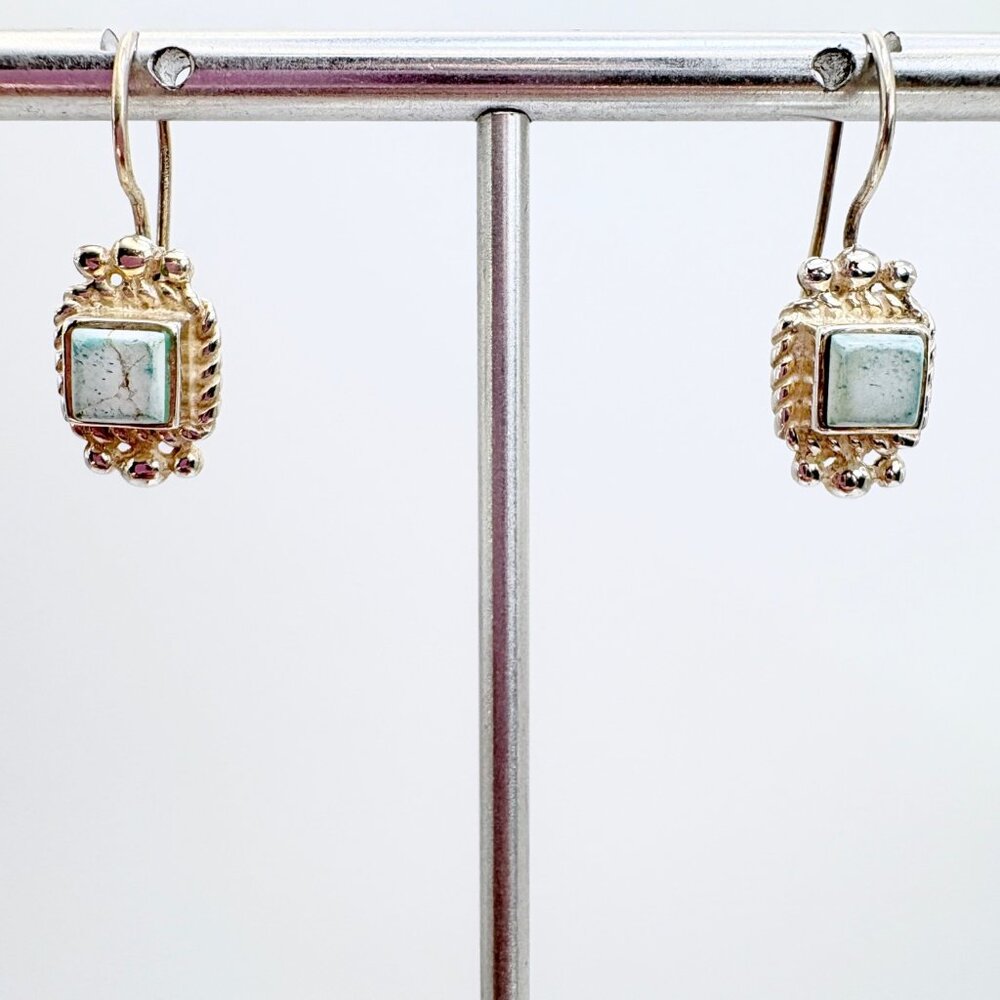 Blue Stone Square Bead Design Dangle Earrings 925 VTG Sterling Silver 1" Length